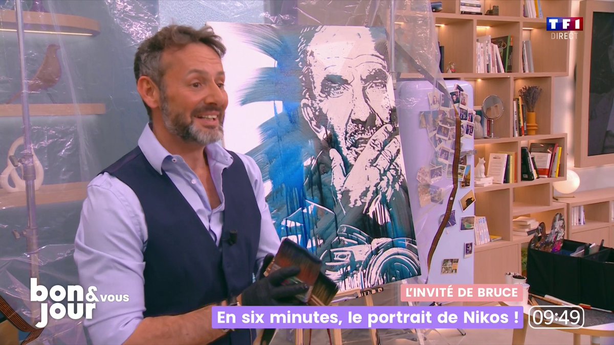 🖼️ Impressionnant ! En seulement 6 minutes, l'artiste Boris Normand réalise le portrait de Nikos Aliagas en direct dans #BonjourLaMatinaleTF1