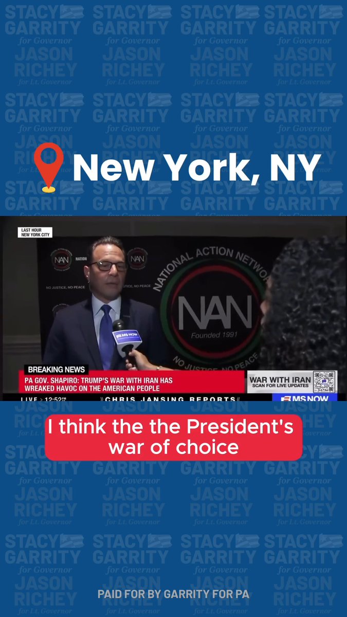 Watch Josh Shapiro put politics above our national security. “The President's war of choice?” No, this war started with Iran 47 years ago. For decades, they’ve killed and wounded thousands of American service members — people I served alongside. Now, Donald Trump is going to end it. And because of that, the world won’t have to live in fear of a nuclear Iran. #JoshShapiro #GarrityforGovernor #StandWithIsrael #SupportOurTroops #NoNuclearIran