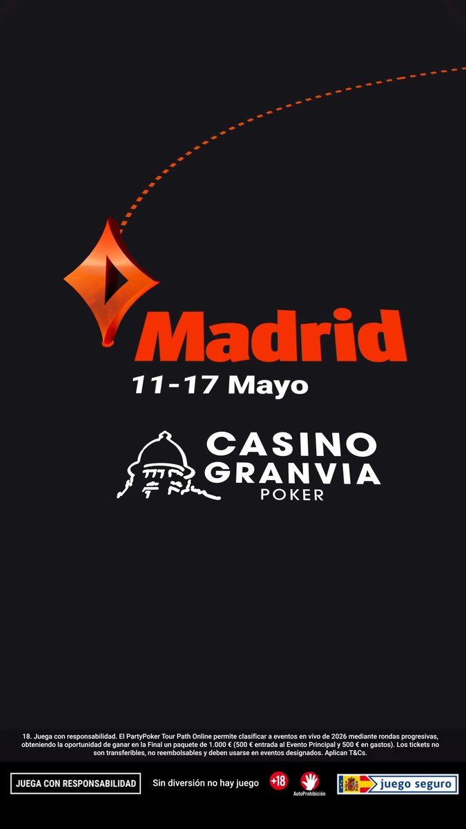 ¡Partypoker Tour llega a España! 🇪🇸 Madrid 11-17 Mayo. Casino Gran Vía Madrid. CLASIFÍCATE ONLINE Juega por tan solo 0,20 € para poder ganar tu asiento en el Main Event de 500 €. Juega con responsabilidad. Aplican T&amp;Cs (ver video).