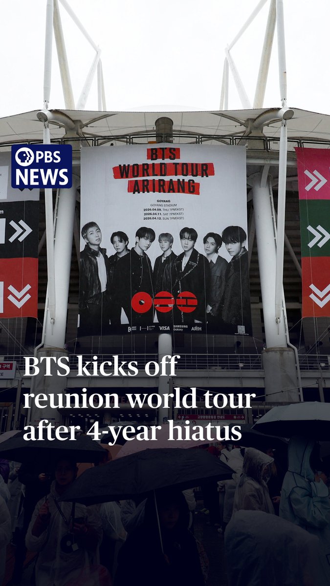 K-pop supergroup BTS has kicked off its reunion world tour after a nearly four-year hiatus. Tens of thousands of fans from all over the world braved the rain at Thursday's kickoff performance near Seoul. The downpours didn't dampen the mood for its ARMY of fans, as they're known, and the band didn't disappoint with a set list of more than 20 songs. BTS burst back on the scene with a massive one-off concert last month in Seoul. All seven members had recently completed South Korea's mandatory military service. They head next to Tokyo before bringing their tour to North America.