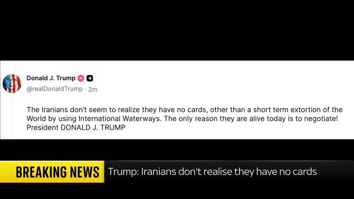 "The Iranians don't seem to realise they have no cards." Donald Trump has posted about Iran on his Truth Social platform, saying "the only reason they [Iranians] are alive today is to negotiate". Iran war latest: 📺 Sky 501 and YouTube