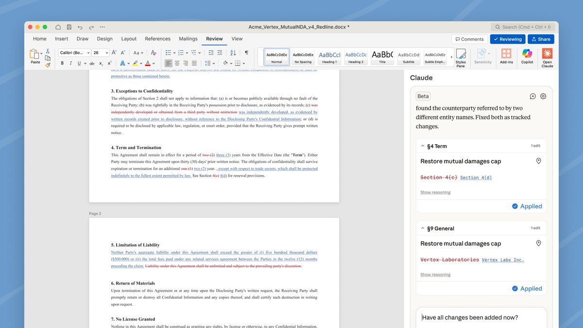Claude for Word is now in beta. Draft, edit, and revise documents directly from the sidebar. Claude preserves your formatting, and edits appear as tracked changes. Available on Team and Enterprise plans.
