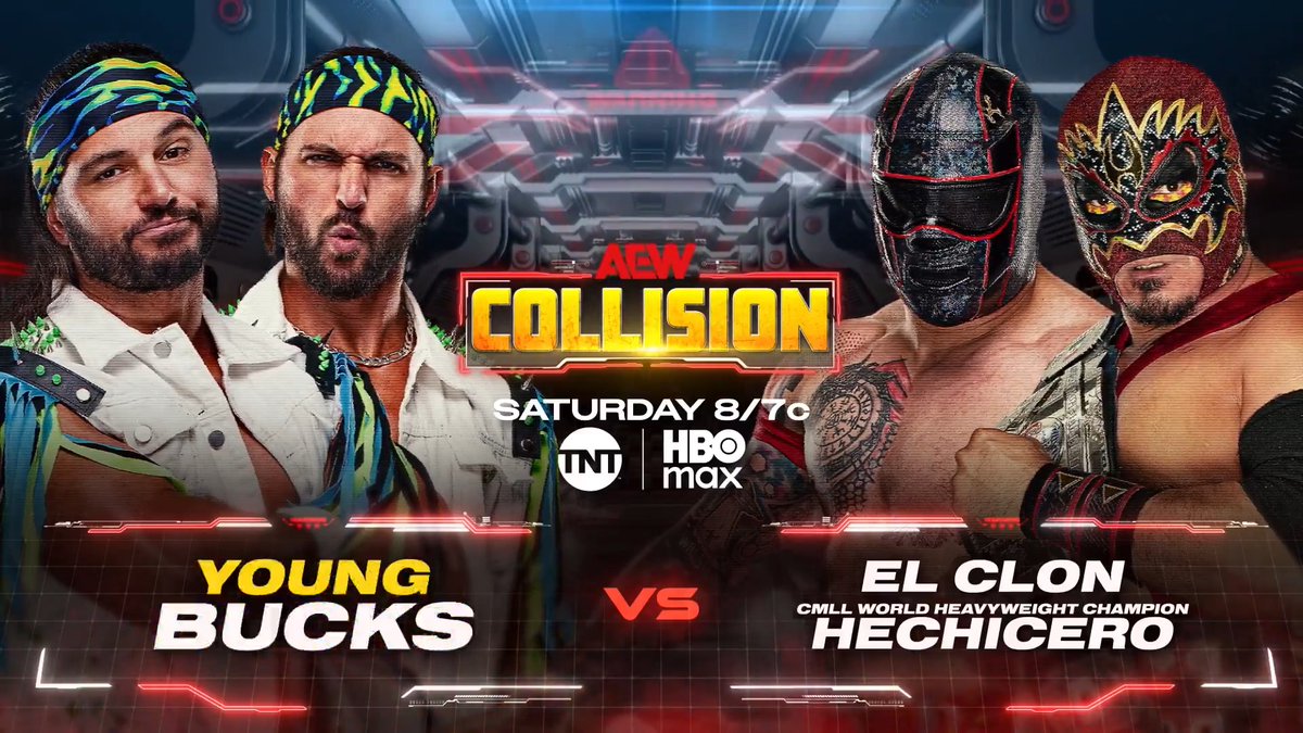 #AEWCollision 8/7c, TNT + HBO Max Tomorrow, 4/11! @YoungBucks vs El Clon/Rey Hechicero 24 hours before Matt + Nick Jackson face Okada + Takeshita at #AEWDynasty, they'll face El Clon + the CMLL World Heavyweight Champion Hechicero of The Invisible Hand Family, TOMORROW!