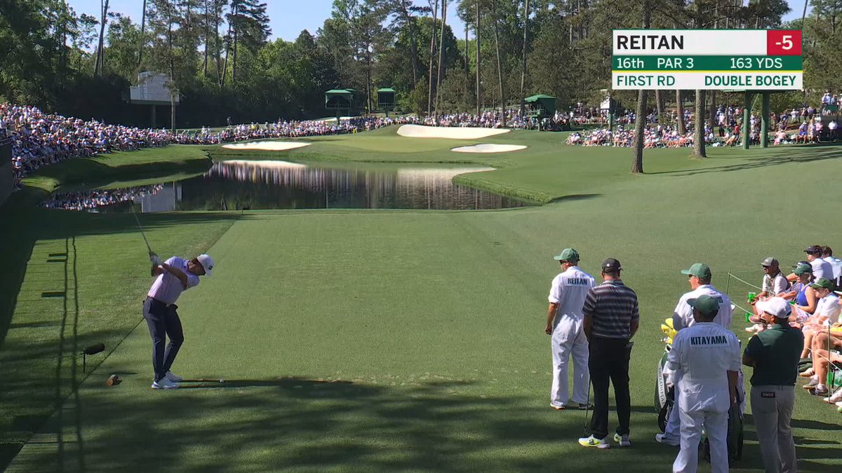 Following four straight birdies, Norwegian Kristoffer Reitan bounces his tee shot off the flag on No. 16. #themasters
