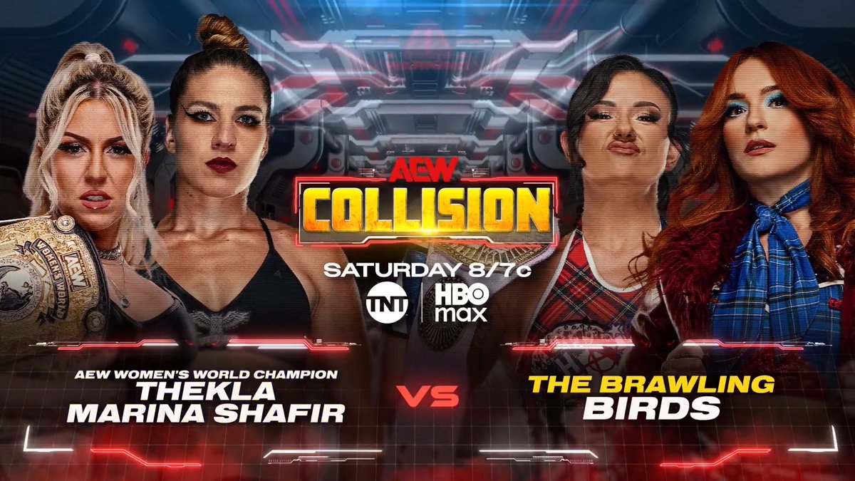 #AEWCollision 8/7c, TNT + HBO Max Tomorrow, 4/11! @Toxic_Thekla/Marina Shafir vs JAMIE HAYTER/Alex Windsor アレクス・ウィンザー Before their respective singles matches at #AEWDynasty, AEW Women's World Champion Thekla will team with Marina Shafir to collide vs the Brawling Birds, TOMORROW!