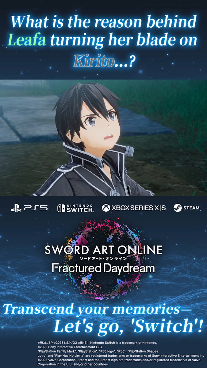 ◥◣#SAOFD #PSPlus Free Play is now available! 🎮◢◤ Leafa points her blade at Kirito. What could have happened to her?! 😮 Unforeseen developments await in "SWORD ART ONLINE Fractured Daydream"✨ Discover the shocking twist yourself!