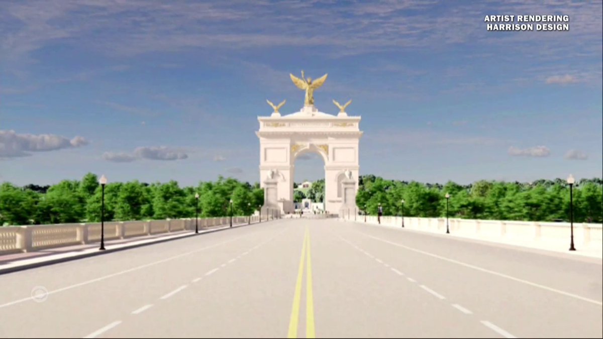The Interior Department has submitted renderings of President Trump's proposed triumphal arch near Arlington National Cemetery, showing that the structure would dwarf the Lincoln Memorial across the Potomac River.