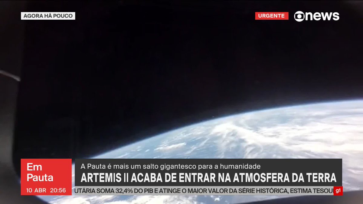 Artemis II: cápsula Orion acaba de entrar na atmosfera da Terra. Veja: ➡ Assista à #GloboNews ao vivo: #EmPauta