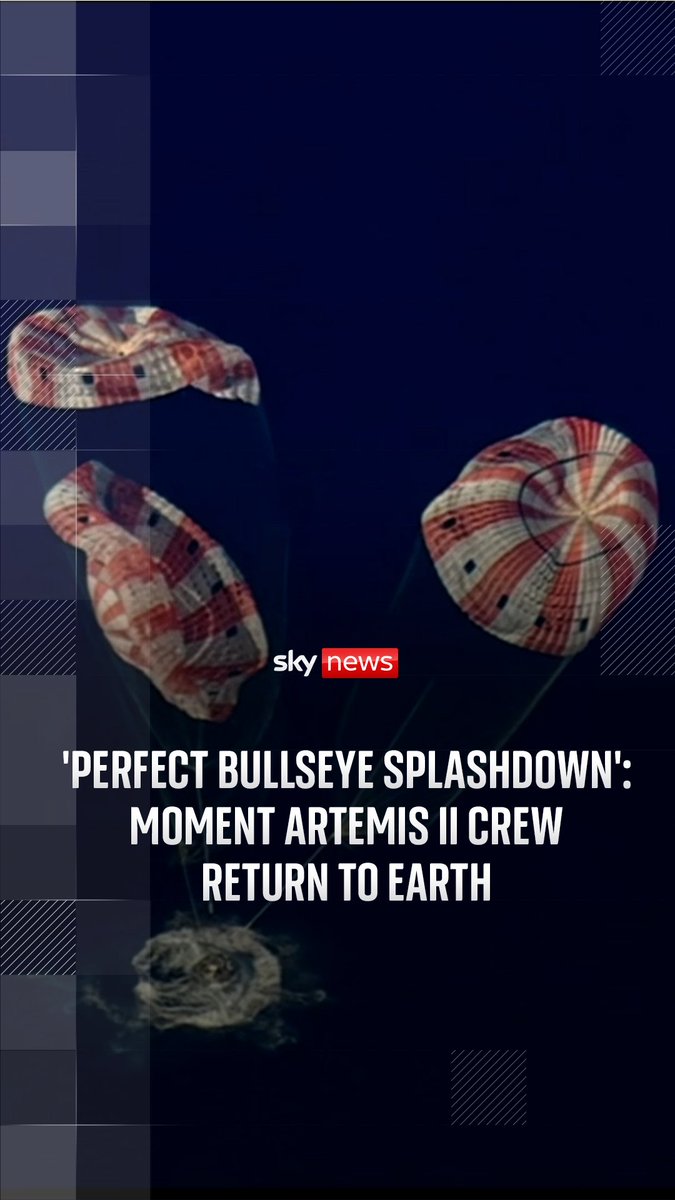 Watch the Artemis II crew return to Earth after a historical moon mission. 🚀 NASA has called the moment 'a perfect bullseye splashdown' - and said the four crew members - Commander Reid Wiseman, pilot Victor Glover, Christina Koch and Canadian Jeremy Hansen - were healthy.