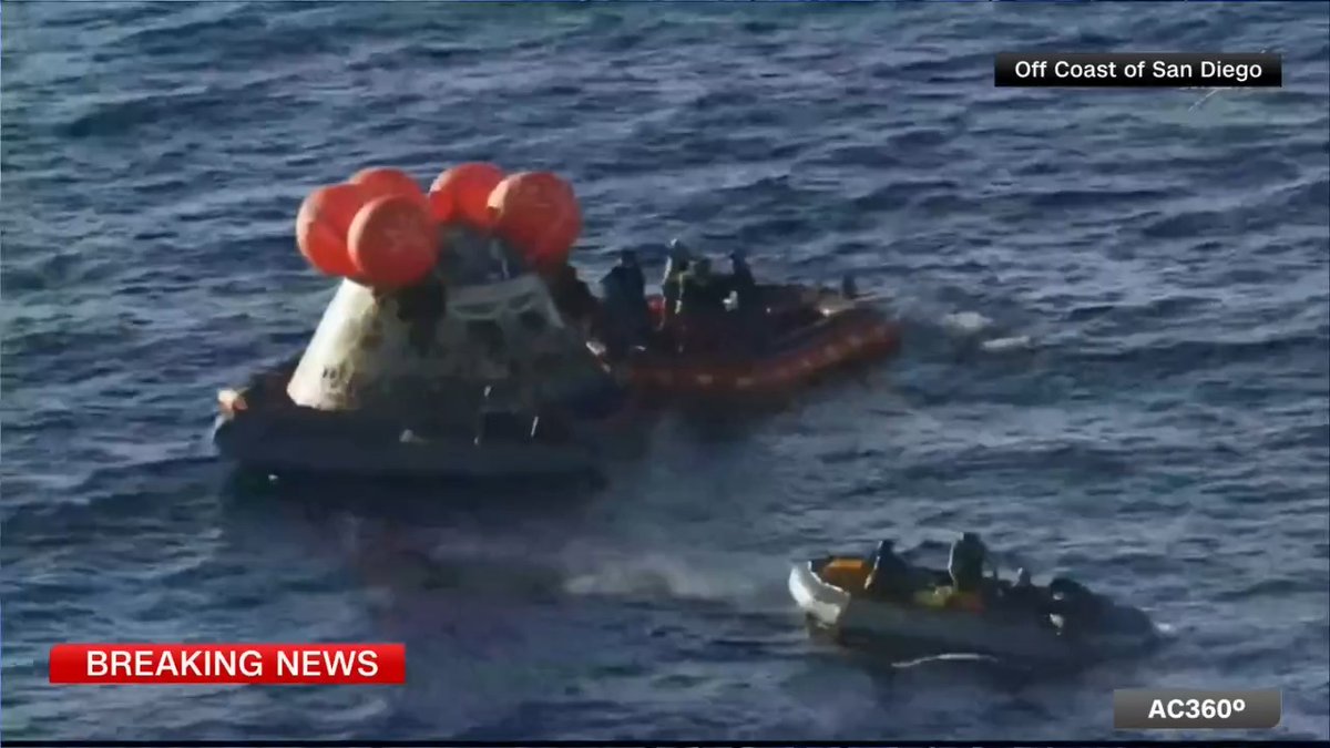 The astronauts have been extracted from Orion onto the inflatable “front porch.” They’ll now be shuttled via helicopter to the recovery ship, where they’ll get medical checks.