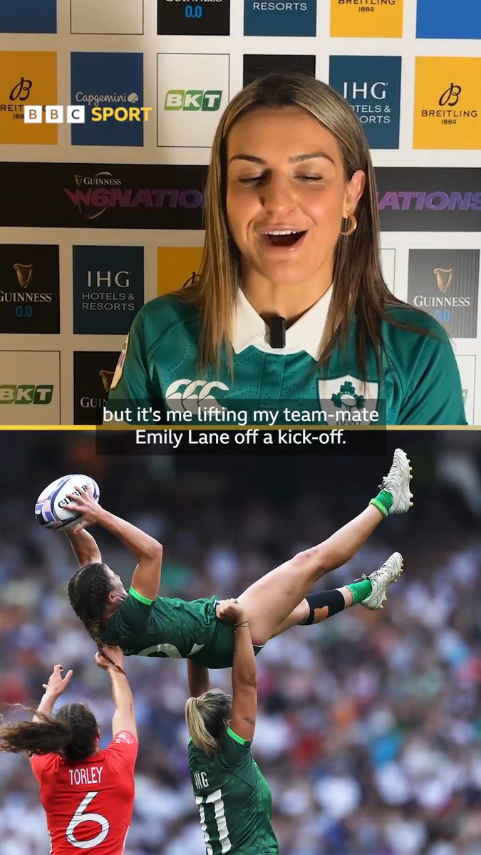 Ireland captain Erin King looking talks about *that* viral lift with her team-mate at the Olympics 🟢💪😅