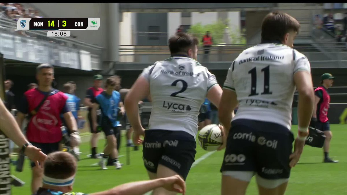 Brilliant rugby from Connacht Rugby to reduce the gap in Montpellier! ๐ข Finished off by Dylan Tierney-Martin ๐ #ChallengeCupRugby