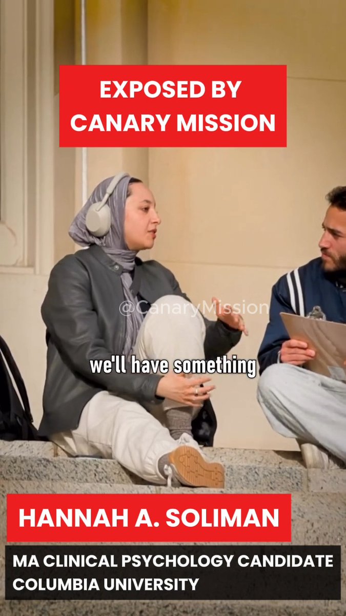 🚨 EXPOSED! MA Clinical Psychology Candidate at Columbia University, Hannah A. Soliman ❌ Says kidnapping babies, suicide bombings and stabbings are all justified ❌ Asserted the hostages left "in good condition" and "were treated well." ❌ Says U.S soldiers and veterans support "American jihad" -similar to Hamas ❌ Supports Jihad and Globalizing the Intifada And she's pursuing a career in mental health. That should concern everyone. Video: Let's Do Something (letsdosomething)