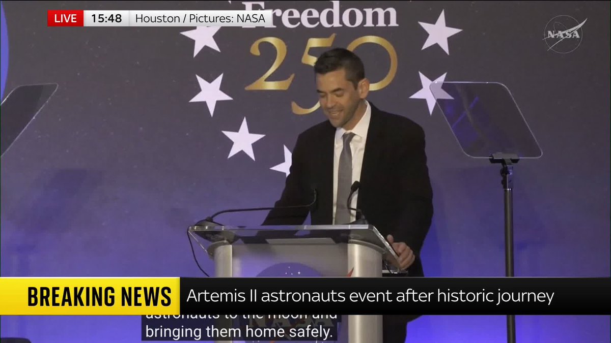 Artemis II astronauts are welcomed on stage at NASA's Johnson Space Centre in Houston after historic moon mission. 🔗 📺 Sky 501, Virgin 602, Freeview 233 and YouTube