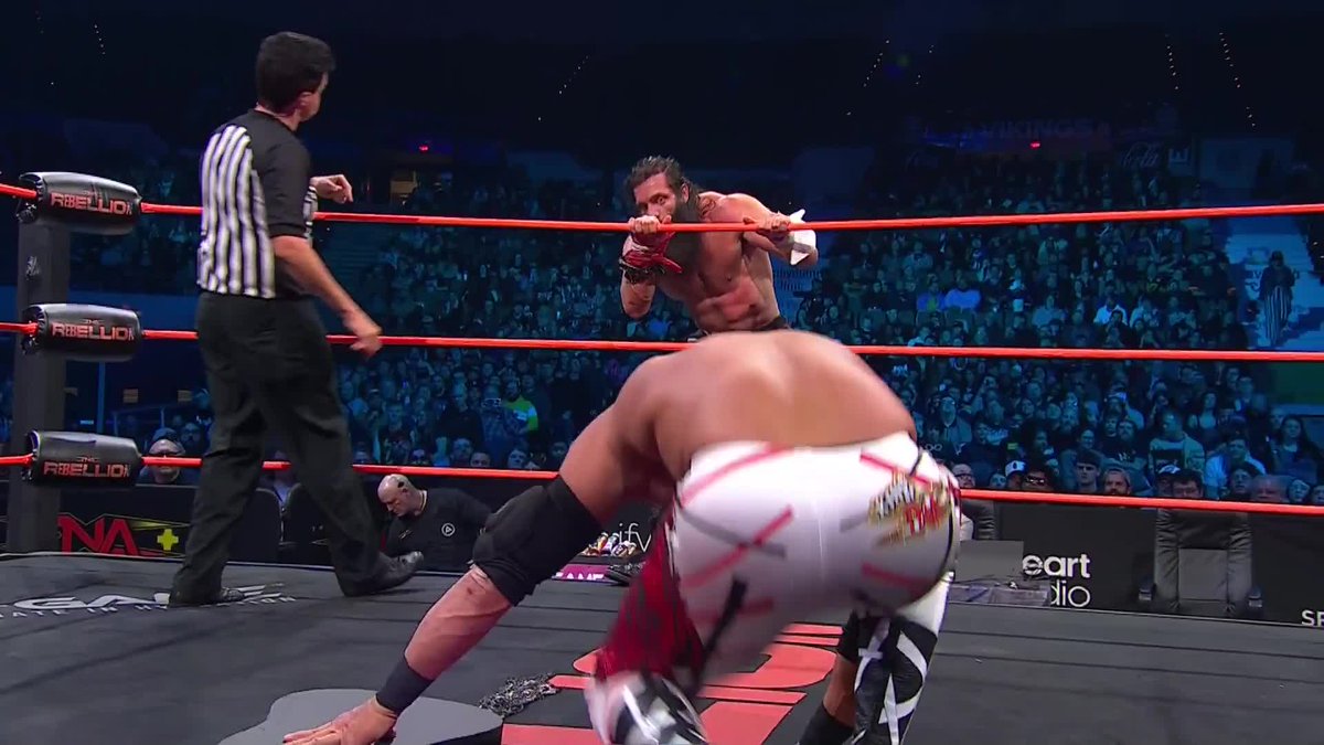 Slingshot Cutter DIRECTLY onto ELIJAH's guitar courtesy of 👑 Frankie Kazarian 👑! WATCH #TNARebellion on TNA+: