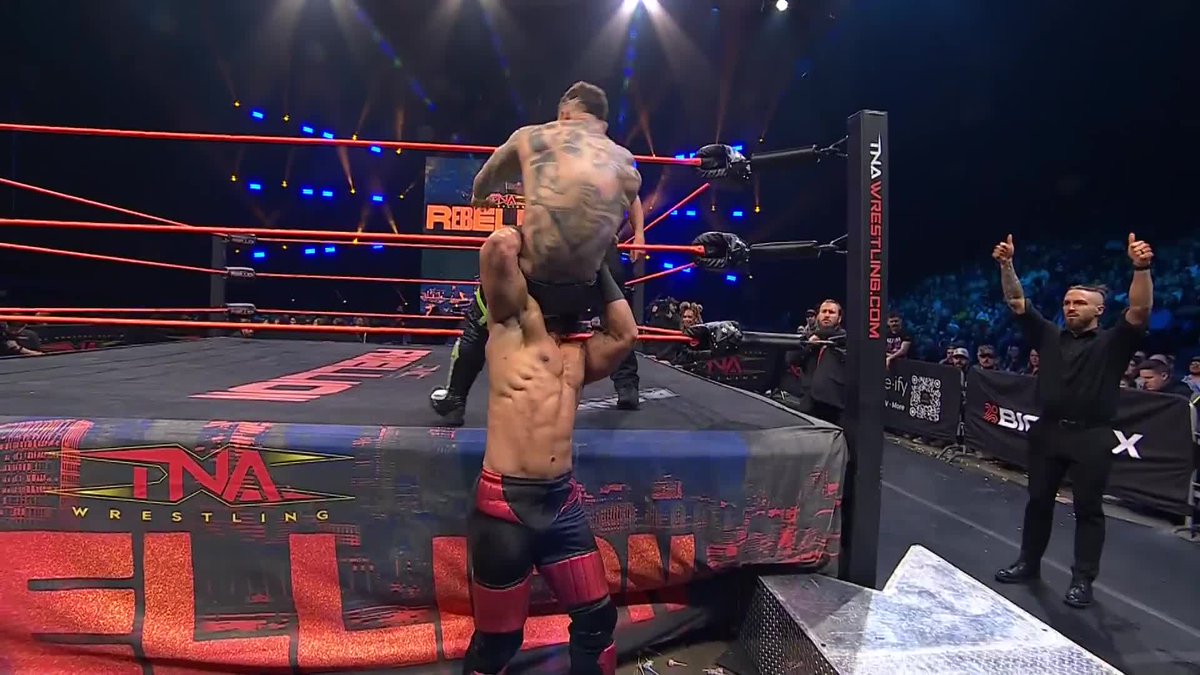 Meteora into the steel steps! Trey Miguel Mustafa Ali WATCH #TNARebellion on TNA+: