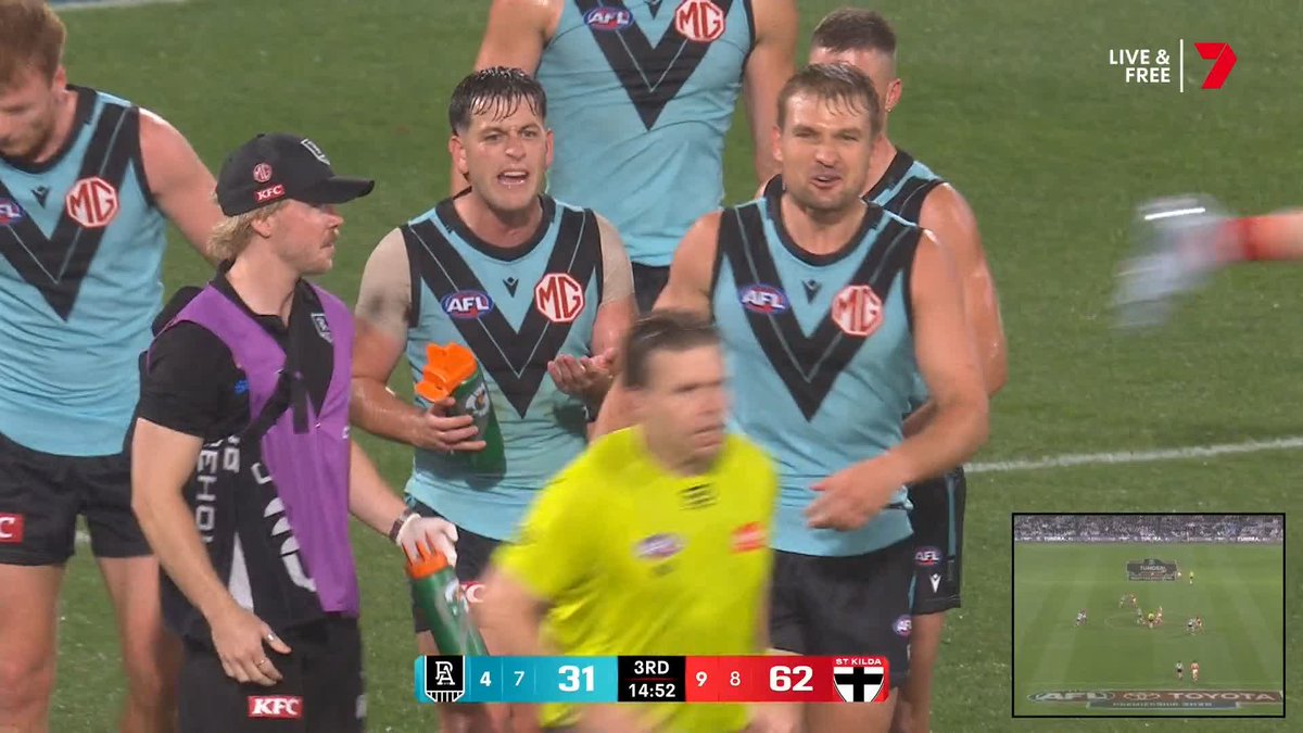 A 50-metre penalty was paid following this exchange involving Ollie Wines and Zak Butters. #AFLPowerSaints