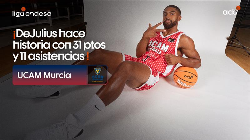 🔥 La de hoy de David DeJulius es una de esas actuaciones que, cuando la estás viendo en directo, sabes que estás viendo HISTORIA de la competición. Por eso... merece la pena volver a verla, UCAM Murcia. ¡3⃣1⃣ puntos y 1⃣1⃣ rebotes para 3⃣8⃣ de valoración! #LigaEndesa