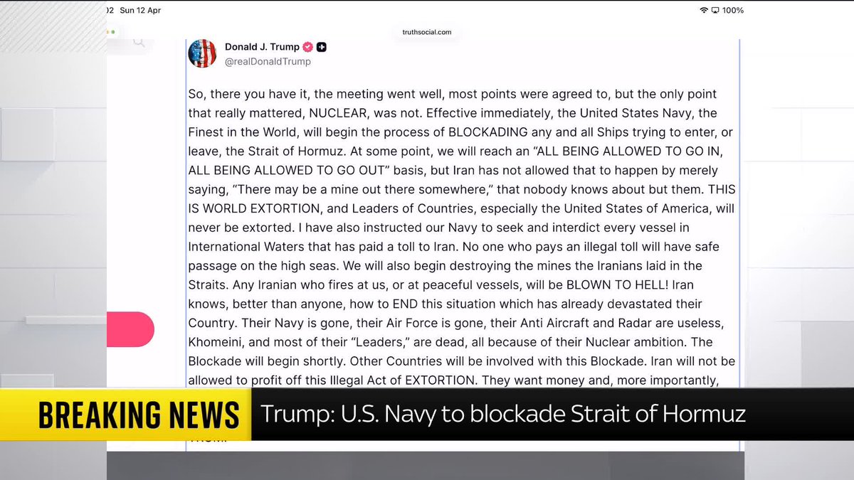 BREAKING: The U.S. Navy will begin the process of blockading "any and all ships" trying to enter or leave the Strait of Hormuz, Donald Trump has said Live updates: 📺 Sky 501, Virgin 602, Freeview 233 and YouTube