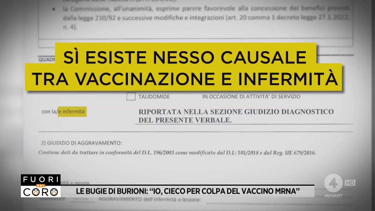 "È stato riconosciuto il nesso di causa tra l'inoculazione di vaccini Pfizer anti-covid e la trombosi cerebrale" Gianluca Ottaviano (avvocato) sul caso di Remo, cieco dopo due dosi di vaccino Pfizer Il servizio di Marianna Canè a #Fuoridalcoro è su Mediaset Infinity