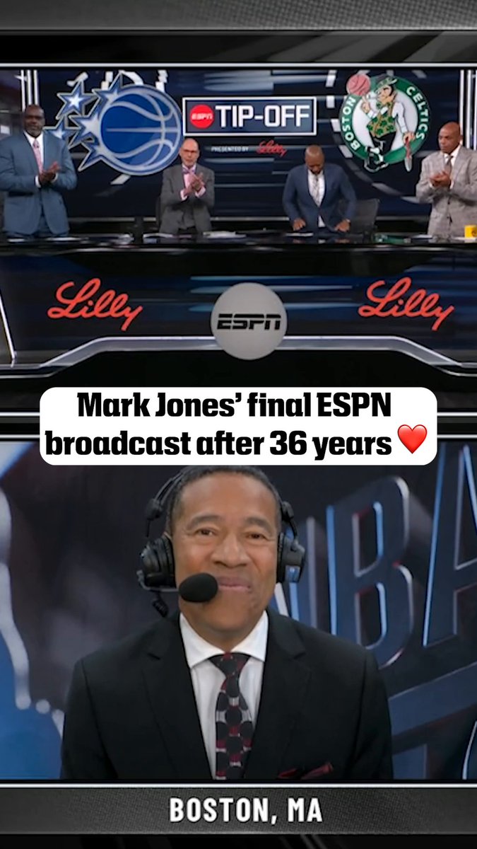 Mark Jones gets a standing ovation from the Inside the NBA crew 🏀 Watch Magic-Celtics at 6 PM ET for MarkJonesESPN's final broadcast on ESPN 👏