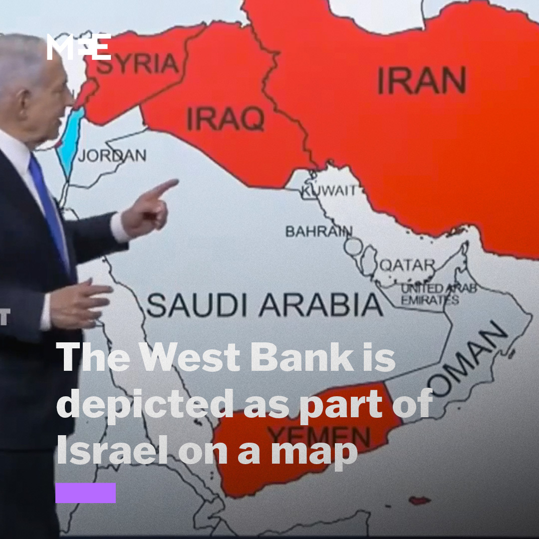 The occupied West Bank is shown as part of Israel on a map presented by Benjamin Netanyahu as he delivered a recorded wartime video statement. The map featured in the wartime address, delivered amid the war with Iran in which Netanyahu described a network of threats facing Israel