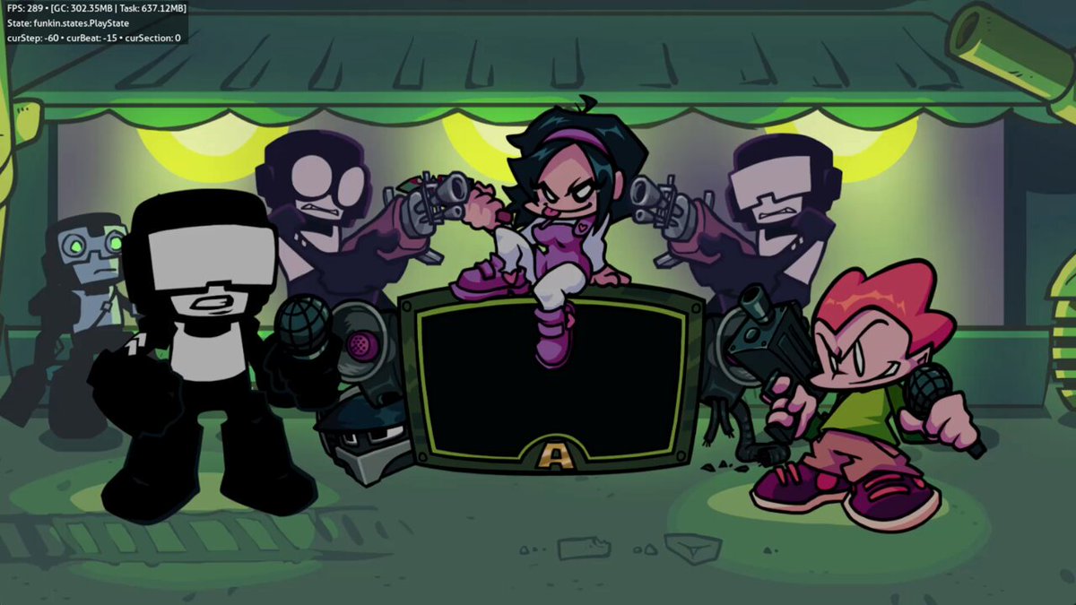 working on putting stress pico mix cutscene in game i rlly dont understand why funkin opted to make their pre-song cutscenes into videos instead of having them run in game, this runs fine and gets less than 300 mb of mem