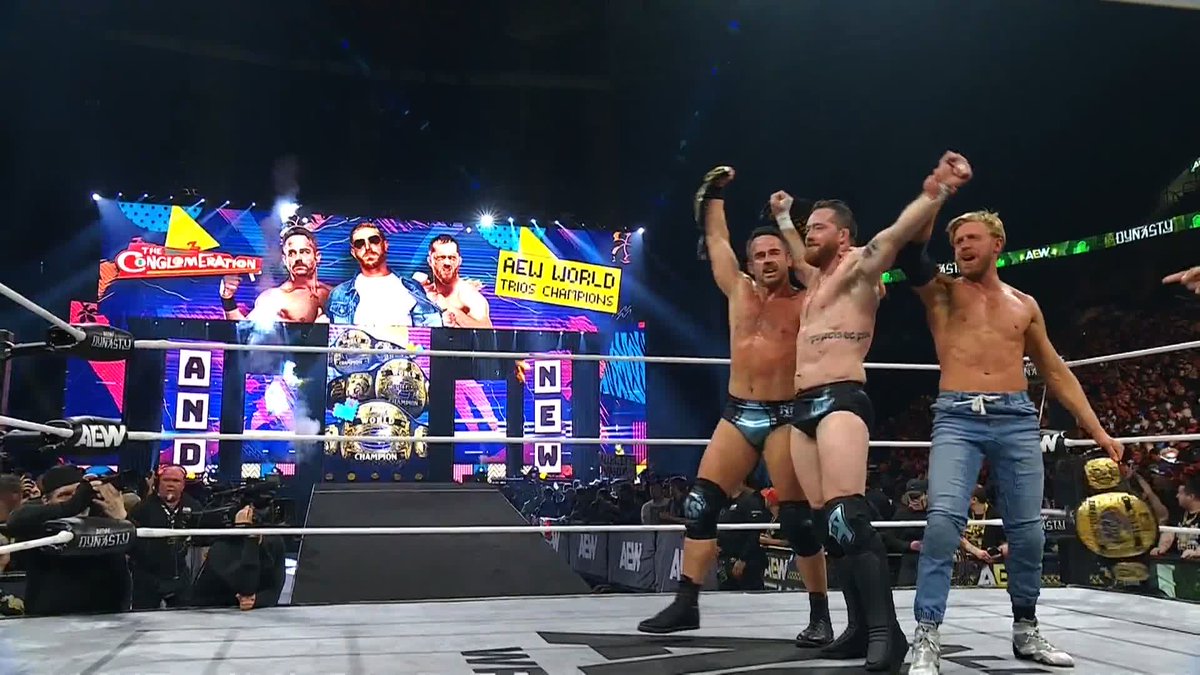 ANNNNDDD NEWWWWWWW... Kyle O'Reilly, Roderick Strong &amp; Orange Cassidy just shockingly defeated The Dogs to win the AEW World Trios Championships!!!! CONGLOMERATION ARE CHAMPS. ❤️