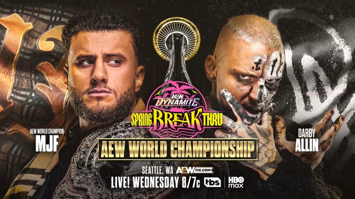 #AEWDynamite: Spring BreakThru 8/7c on TBS + HBO Max This Wednesday 4/15! AEW World Championship Maxwell Jacob Friedman™️ vs DARBY ALLIN DAYS after their hellacious battles at #AEWDynasty, AEW World Champion MJF will defend the title vs Allin, where Darby started his career, THIS WEDNESDAY!