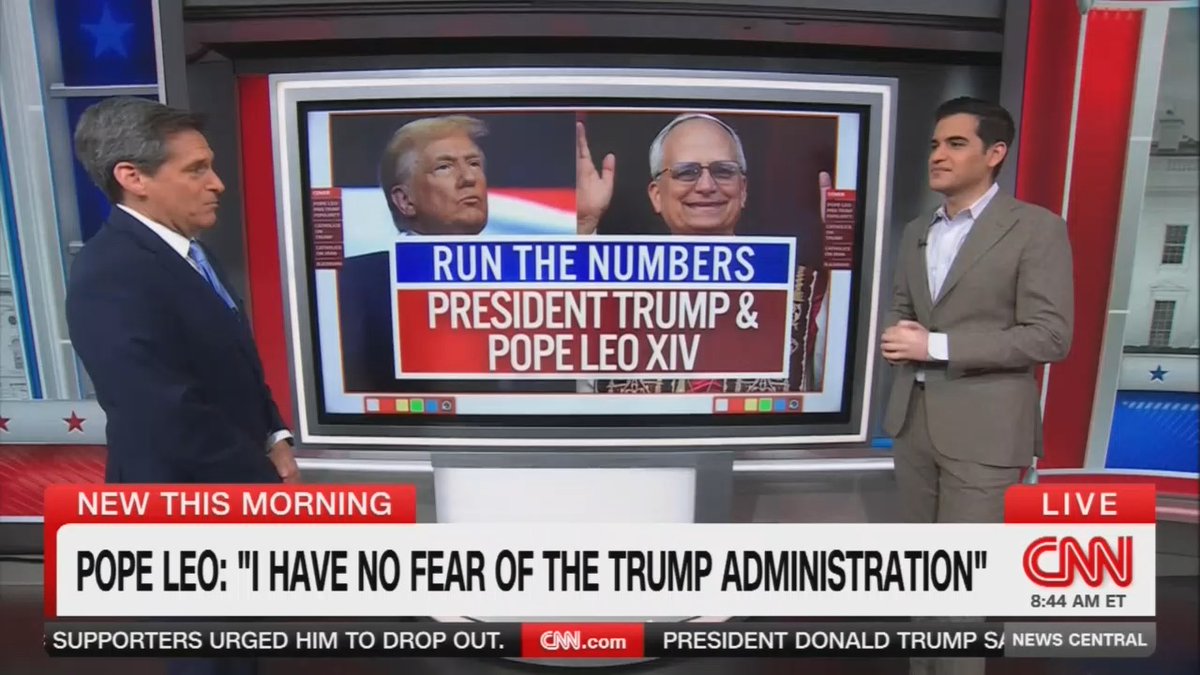 Harry Enten: Maybe Trump is jealous of Pope Leo XIV, because it is a blowout on the net popularity rating. Pope Leo XIV is at +34. Donald Trump is at -12. It's not even close. It's a nearly 50 point blowout.