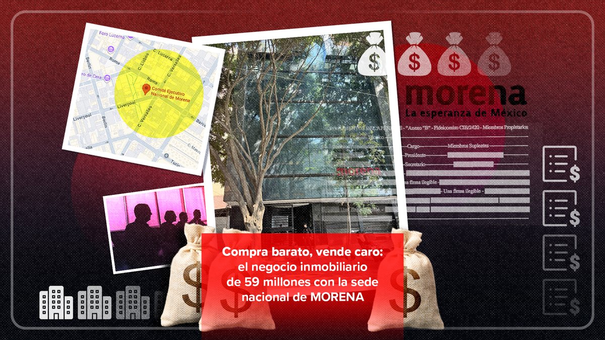 🔴 La sede nacional de MORENA en Liverpool 3 en la colonia Juárez se compró en 2020 por 75 millones de pesos, aunque en 2015 se vendió a un fideicomiso por 16 millones. Los 59 mdp de diferencia quedaron en manos de sus 4 creadores, cuya identidad el partido no ha revelado. 🧵