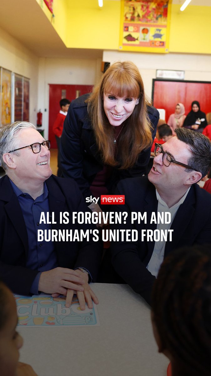 Prime Minister Keir Starmer and Angela Rayner joined Greater Manchester Mayor Andy Burnham at a visit to a school's breakfast club. 🔗