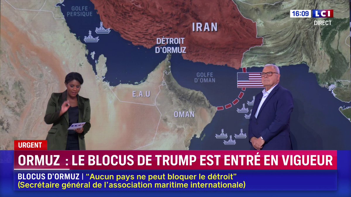 Détroit d'Ormuz : le blocus annoncé par Donald Trump entre en vigueur L'heure fixée par les États-Unis pour le blocus des ports iraniens, à l'est du détroit d'Ormuz, est passée, l'armée américaine n'a toutefois pas encore confirmé s'il avait débuté.