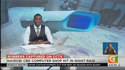 Robbers Captured On CCTV: Nairobi CBD computer shop hit in night raid Security guards allegedly drugged during the robbery Shop owner reports loss of equipment worth Ksh 16 million Detectives say probe is at an advanced stage #CitizenMondayReport