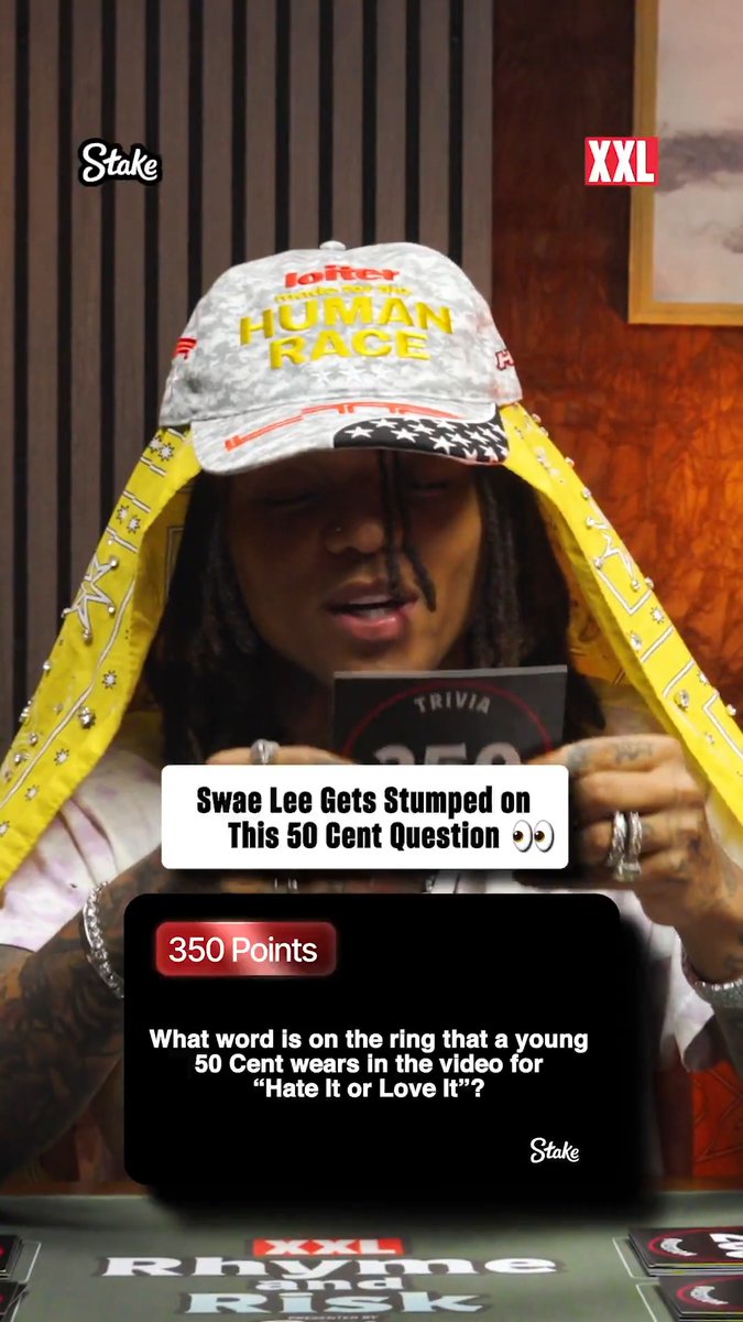 Maybe this is why Swae Lee kept getting all 50-point questions after being stumped with 50 Cent trivia. 🤣 Watch Swae Lee get put to the test in XXL’s Rhyme and Risk presented by Stake. ➡️ Presented by Stake.com