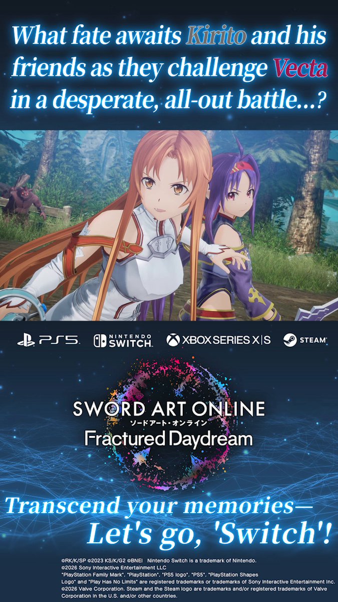 ◥◣#SAOFD #PSPlus Free Play is now available! 🎮◢◤ Kirito and his allies face Vector with all their might. What will be the outcome of this battle where they are at a disadvantage...? ⚔️ A thrilling battle awaits in "SWORD ART ONLINE Fractured Daydream"✨