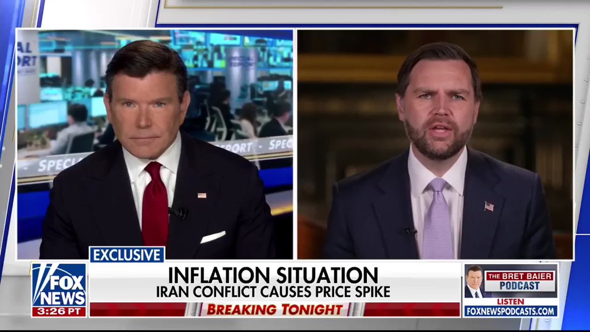 VICE PRESIDENT VANCE says "painful" energy prices amid the Iran war will not be around forever: "We know the American people are hurting, that's why that we're negotiating so aggressively to try to get the energy prices to come down. We're going to keep on working at it." | Special Report Bret Baier