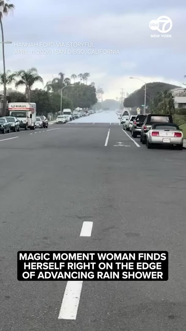 A woman was astonished to find herself right at the edge of an advancing rain shower, standing perfectly dry in front of the oncoming downpour for a few memorable moments. This footage was captured in San Diego on April 11 by Hannah Ford. She told Storyful that while out for a walk she saw what looked to be a pool of water coming down the road. “I was confused and wondered if a fire hydrant had busted down there, but then I realized it was a wall of rain approaching me. The line of rain moved closer and closer until I was drenched!” Ford said. “That is the weirdest rain I’ve ever seen in my life,” Ford says in the footage, adding that the scene was “like sci-fi”.