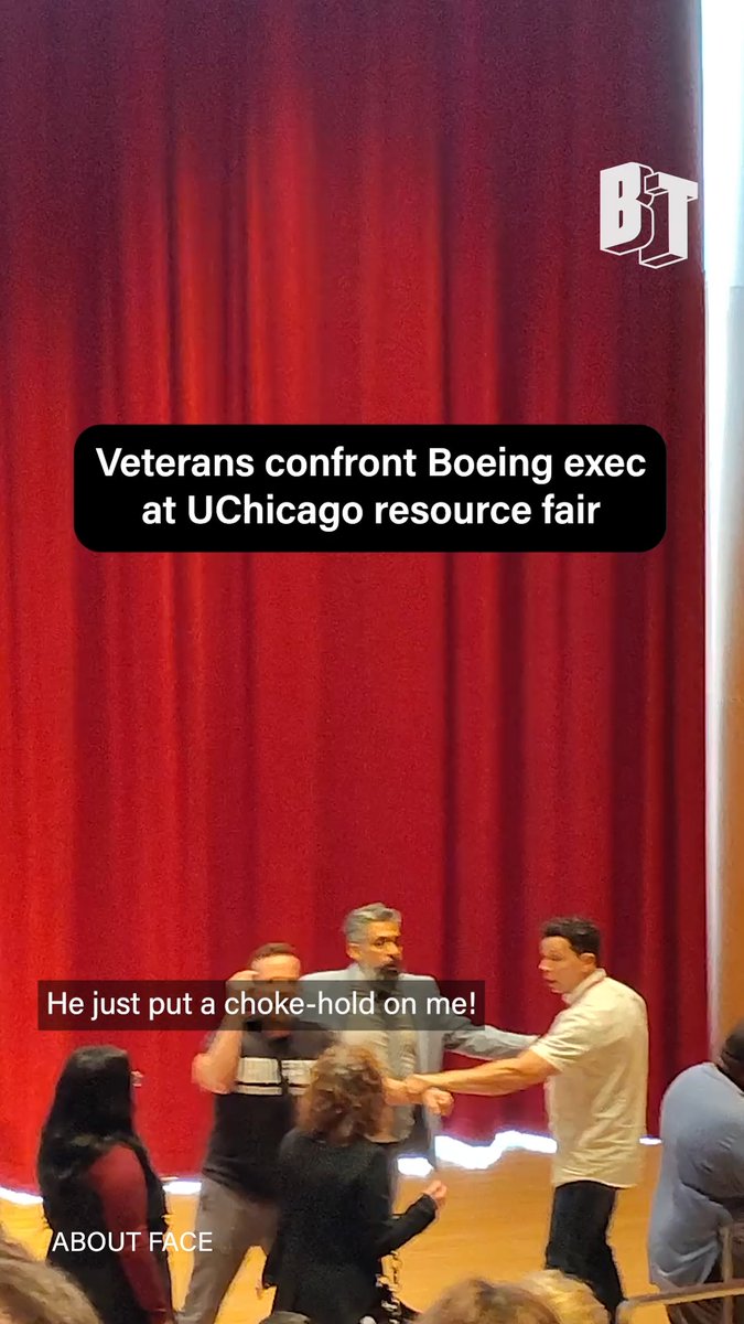 “They’re using us, our service, to get away with war crimes!” Veterans disrupted a “Veteran Benefits and Resource Fair” at UChicago on Monday, after the program‘s opening remarks thanked arms dealer Boeing for their sponsorship. The protesters directly confronted Boeing executive Todd Bertulis over the firm’s profiteering from U.S. wars while Veterans Affairs benefits and caregivers’ union rights are slashed by VA secretary Doug Collins and the Trump administration. The protestors were dragged out by event security, with About Face: Veterans Against the War organizer even being placed in a chokehold.