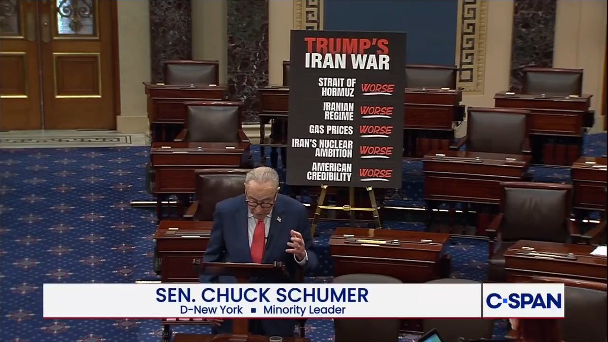Sen. Schumer on Iran war: "...There is nothing but questions about it. In fact, to a majority of Americans, it’s a total disaster. In just about every way, things are worse today than they were before Trump started his war of choice."