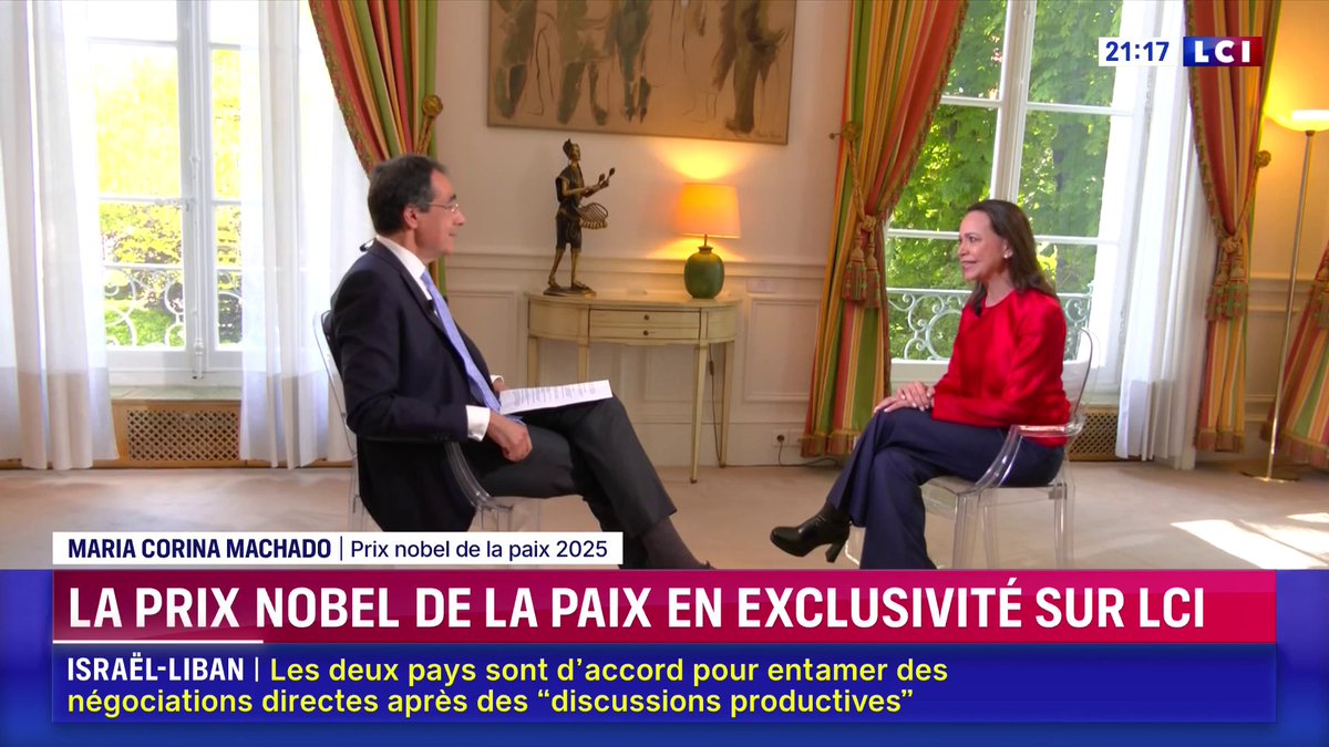 "J'espère que je vais pouvoir retourner très rapidement et très prochainement dans mon pays (...) C'est en cours", María Corina Machado prix Nobel de la paix 2025 ▶️ Darius Rochebin
