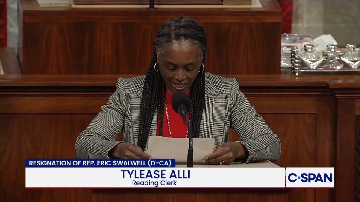 The House Clerk reads the resignations of Rep. Eric Swalwell (D-CA) and Rep. Tony Gonzales (R-TX), both after allegations of sexual misconduct. Mr. Swalwell's resignation took effect at 2pm, Mr. Gonzales' will take place at 11:59pm tonight.