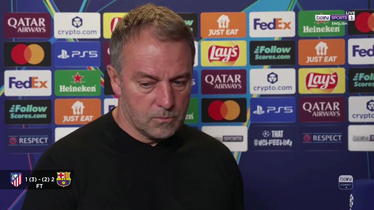 🗣️ "I'm proud of my team, we had a fantastic attitude and mentality on the pitch." Hansi Flick speaks to Bassel Tabbal باسل طبال following FC Barcelona's #UCL exit ❌ #beINUCL #AtletiBarça