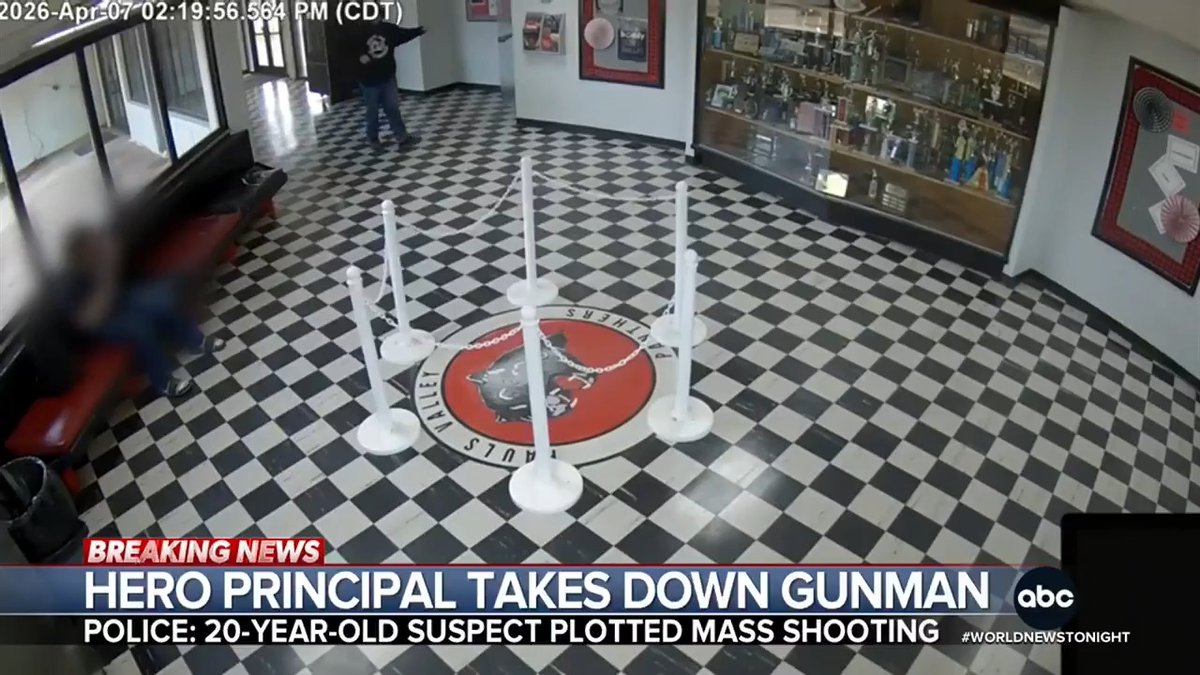 Surveillance video shows the moment the principal at an Oklahoma high school heroically takes down a gunman who had entered the school. The suspect, a former student, fired multiple rounds, striking the principal in the leg. Matt Rivers has details.