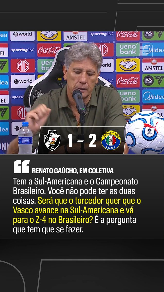 ⚠️ “Tem a Sul-Americana e o Brasileiro. Você não pode ter os dois. Será que o torcedor quer que o Vasco avance na Sul-Americana e vá pro Z4 no Brasileiro? Essa é a pergunta que o torcedor tem que se fazer.” 🎙️ Renato Gaúcho. 🎥 ESPN Brasil SportsCenter Brasil