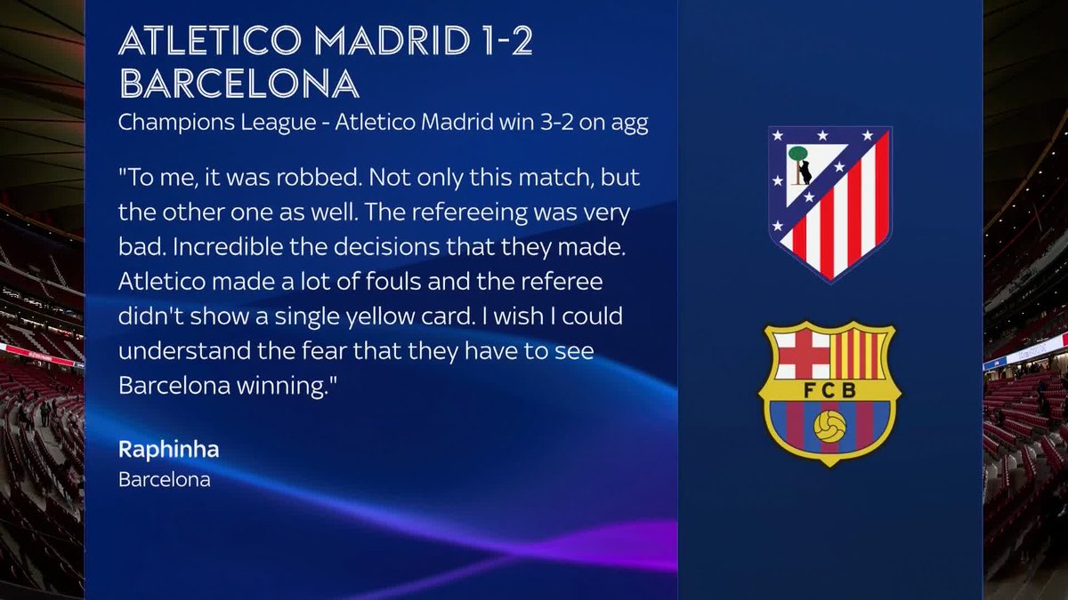 Atletico Madrid goalkeeper Juan Mussoresponds responds to Barcelona winger Raphinha, who said the refereeing was ''very bad'' and that they were ''robbed'' ⤵️