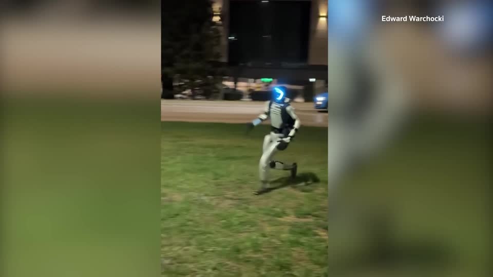 映像では、ロボットが群れを追いかけ、数頭のイノシシが森の中へと逃げ込む様子が捉えられている。