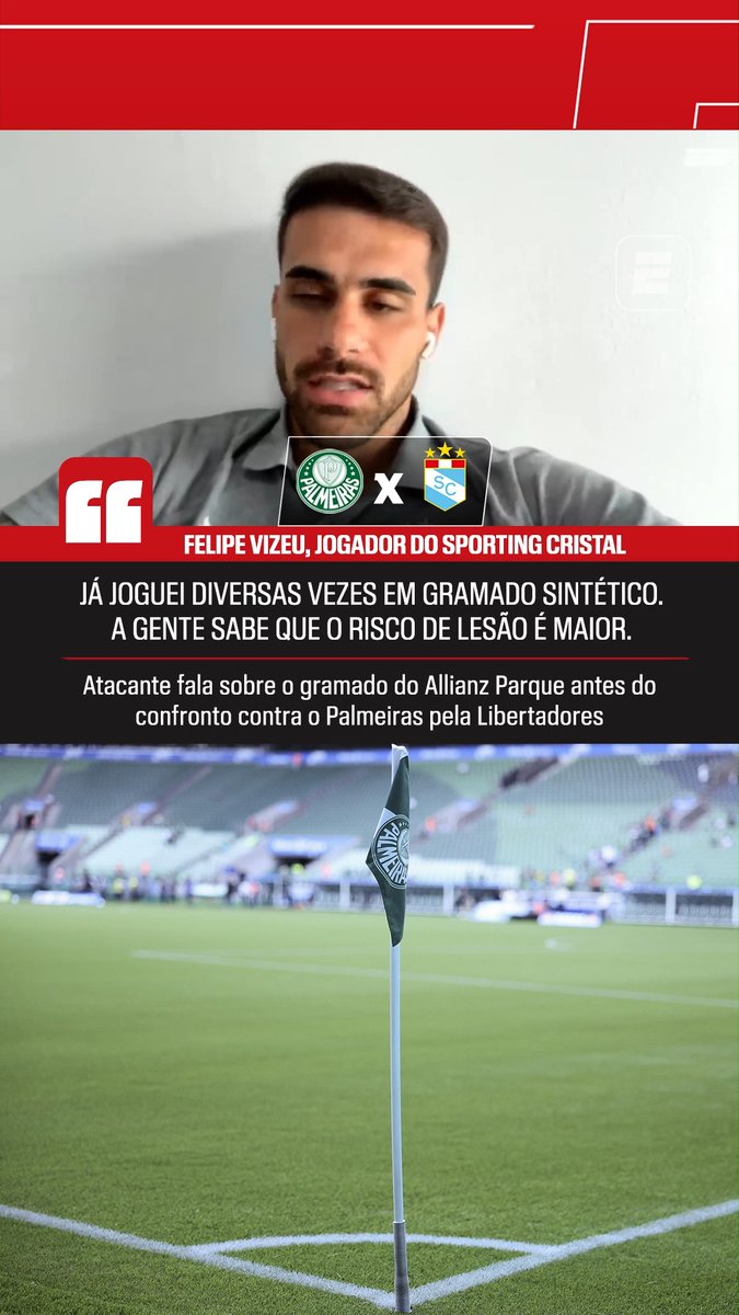 Felipe Vizeu, atacante do Sporting Cristal, sobre o gramado sintético do Allianz Parque: “Já joguei diversas vezes em gramado sintético. No Brasil, vários clubes têm. Com certeza, a gente sabe que o risco de lesão é maior.” 🎥 ESPN Brasil SportsCenter Brasil