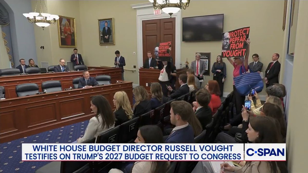 Protestors interrupt Office of Management &amp; Budget Dir. Russell Vought's testimony before House Budget Cmte. chanting "PEPFAR saves lives, spend the money!"