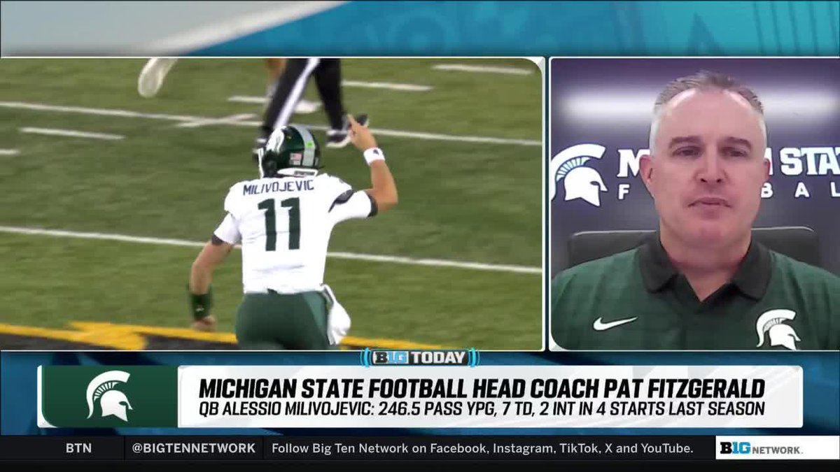 "He's got higher expectations on himself than I do on him." HC Pat Fitzgerald talks Michigan State Football QB Alessio Milivojevic 👇 #B1GToday